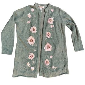 Victor Costa Sequin Floral Cardigan Sweater Sage Green Embroidered Vintage Sz XL